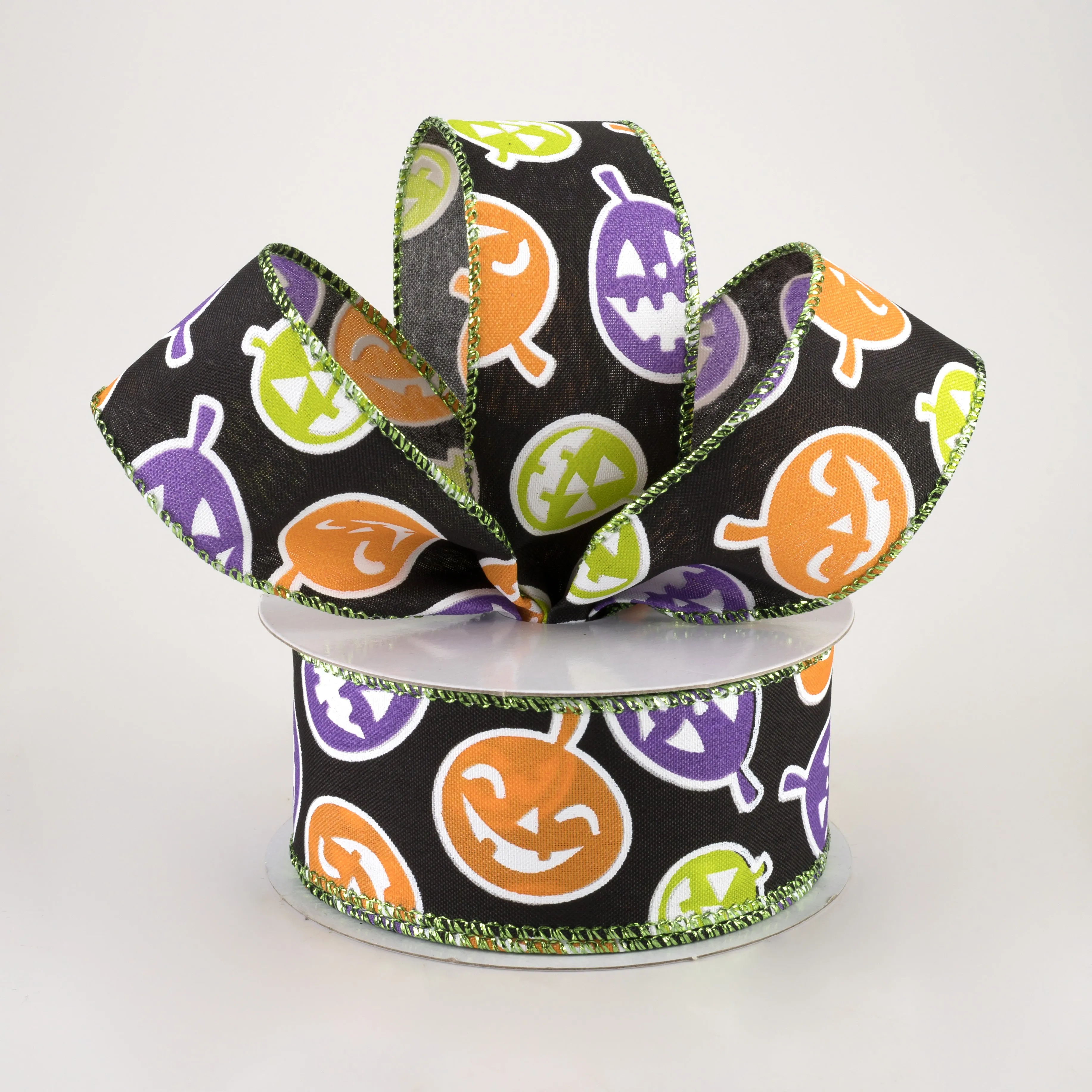 1.5" Satin Neon Jack O Lantern Ribbon: Black (10 Yards)