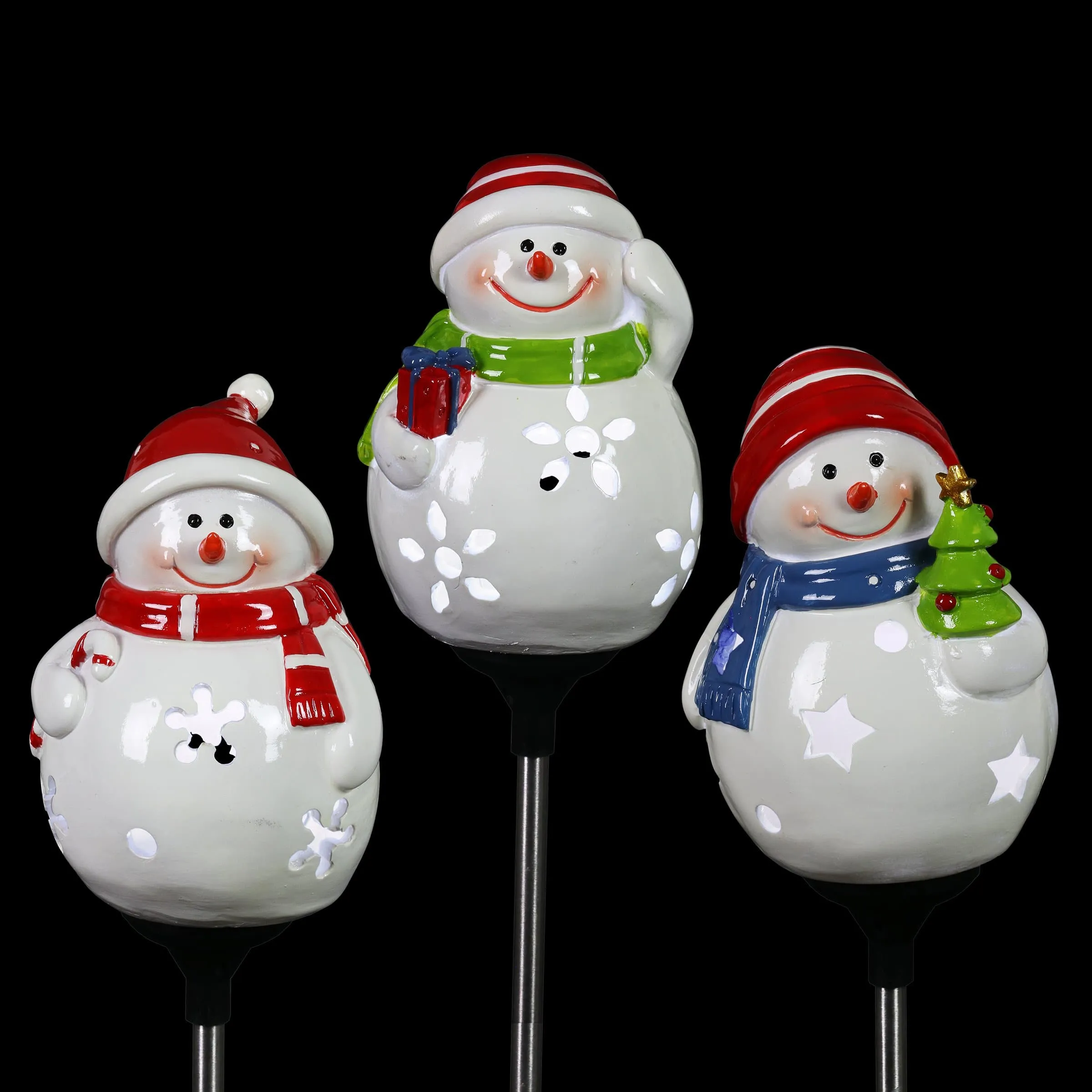 3 Piece Set Solar Holiday Snowmen Garden Stake Assortment, 5 by 30 Inches