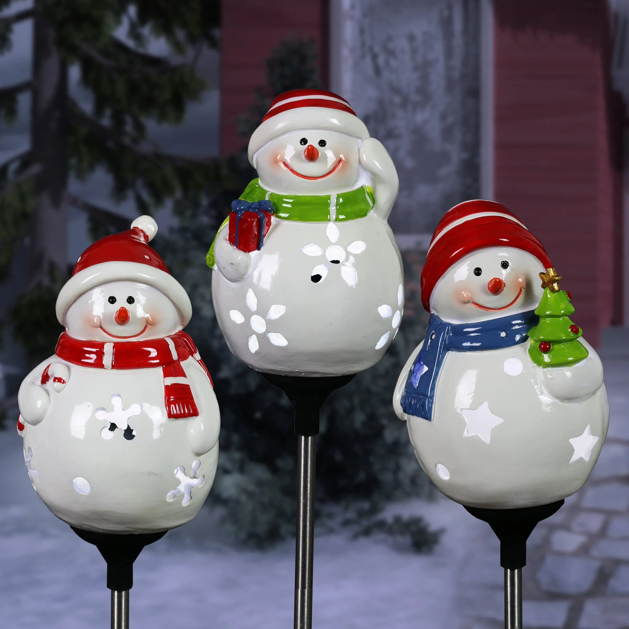 3 Piece Set Solar Holiday Snowmen Garden Stake Assortment, 5 by 30 Inches