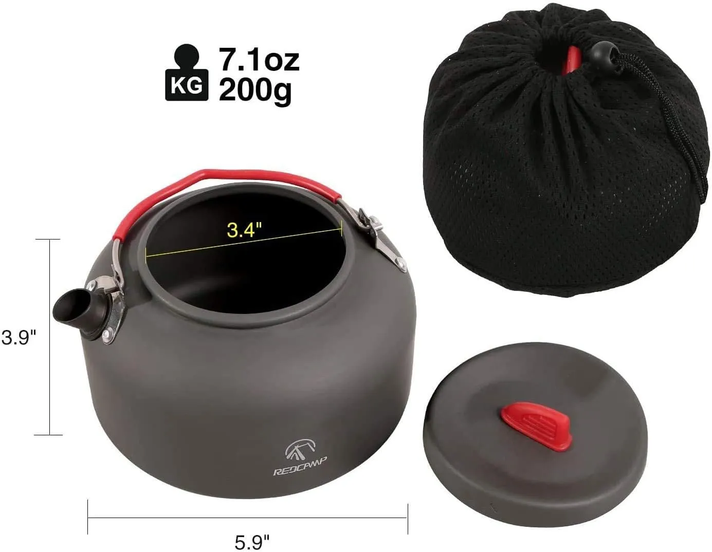 Aluminum Outdoor Camping Kettle with Carrying Bag, 0.8L/0.9L/1.4L/2L