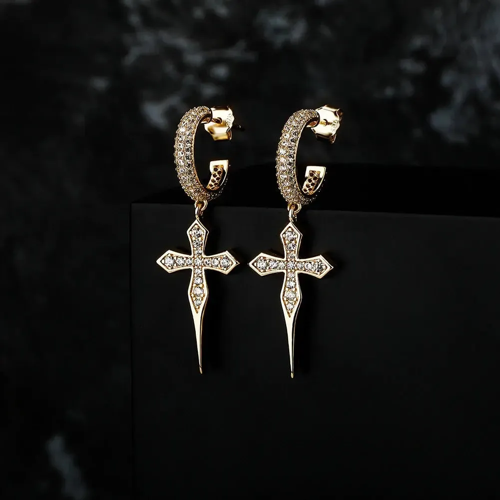 Dagger Cross Hoop Earrings in Yellow Gold