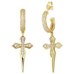 Dagger Cross Hoop Earrings in Yellow Gold