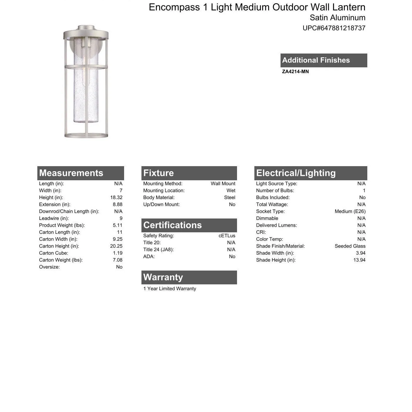 Encompass 1 Light Medium Outdoor Wall Lantern in Satin Aluminum