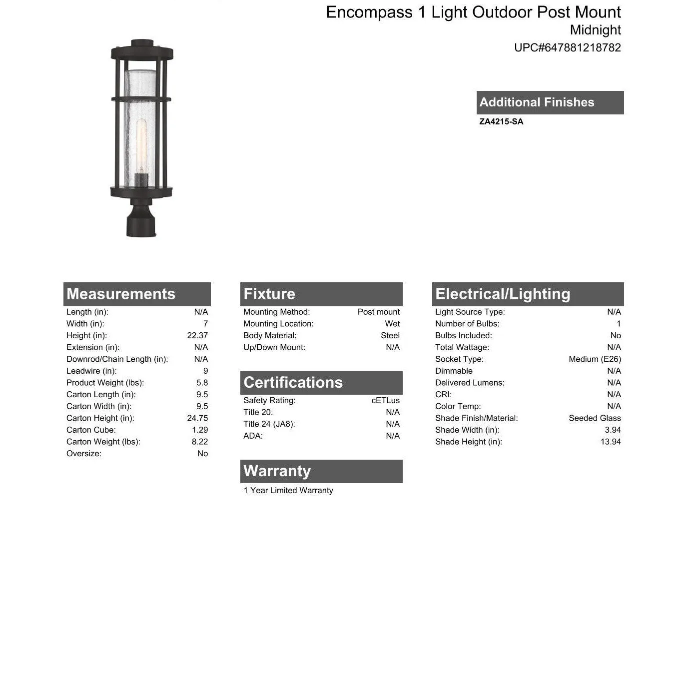 Encompass 1 Light Outdoor Post Mount in Midnight