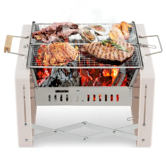 Folding Charcoal BBQ Grill with Dishwasher-safe Grill Grids and Charcoal Box-Beige