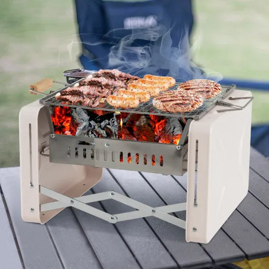 Folding Charcoal BBQ Grill with Dishwasher-safe Grill Grids and Charcoal Box-Beige