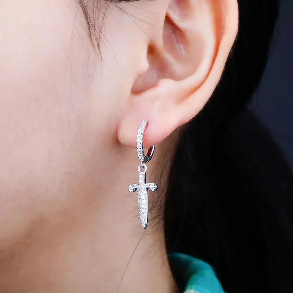 Iced Dagger Hoop Earrings in White Gold