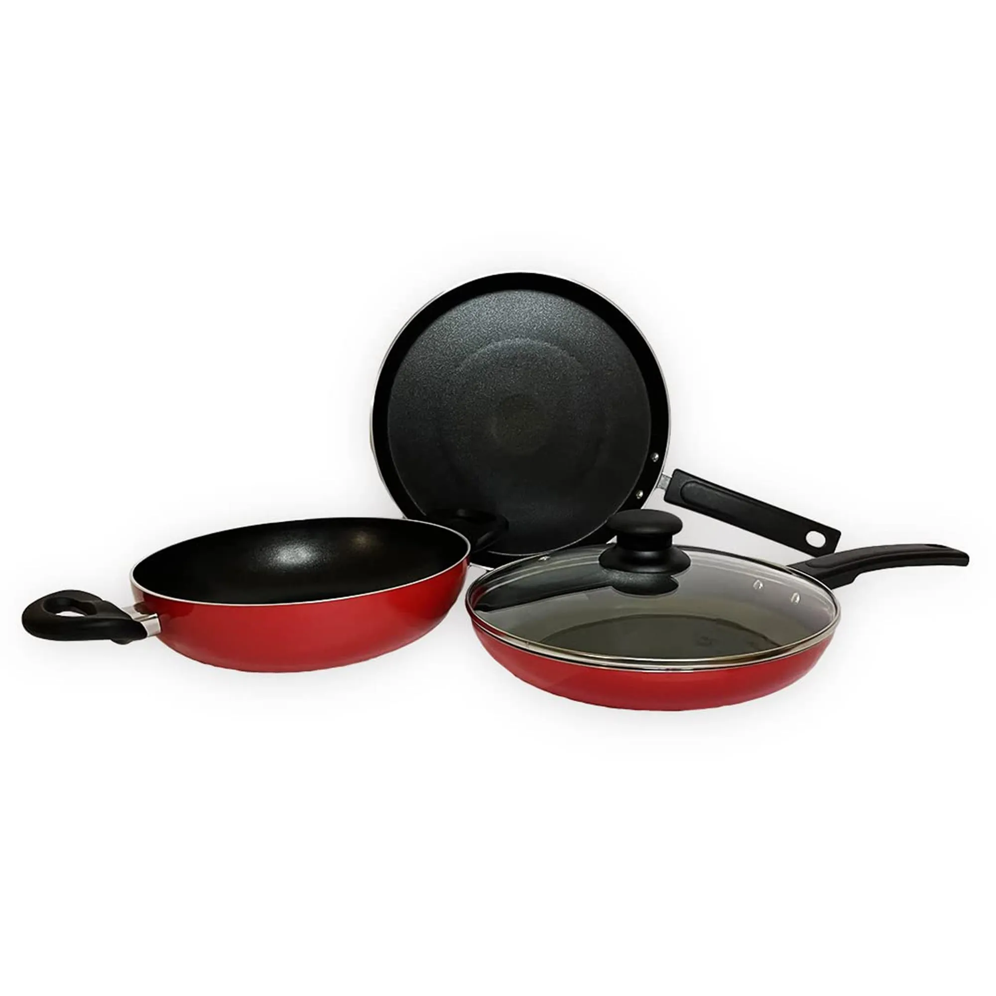 Kuber Industries 3 PCS Aluminium Cooking Set for Kitchen 24 cm Wok, 24 cm Fry Pan with Lid & 22 cm Tawa | Nonstick Induction Cookware Set | Kadhai, Frying Pan & Tawa Set | Black & Red