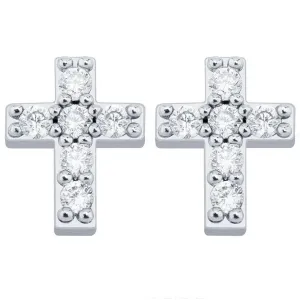 Mini Iced Cross Earrings in 14k White Vermeil