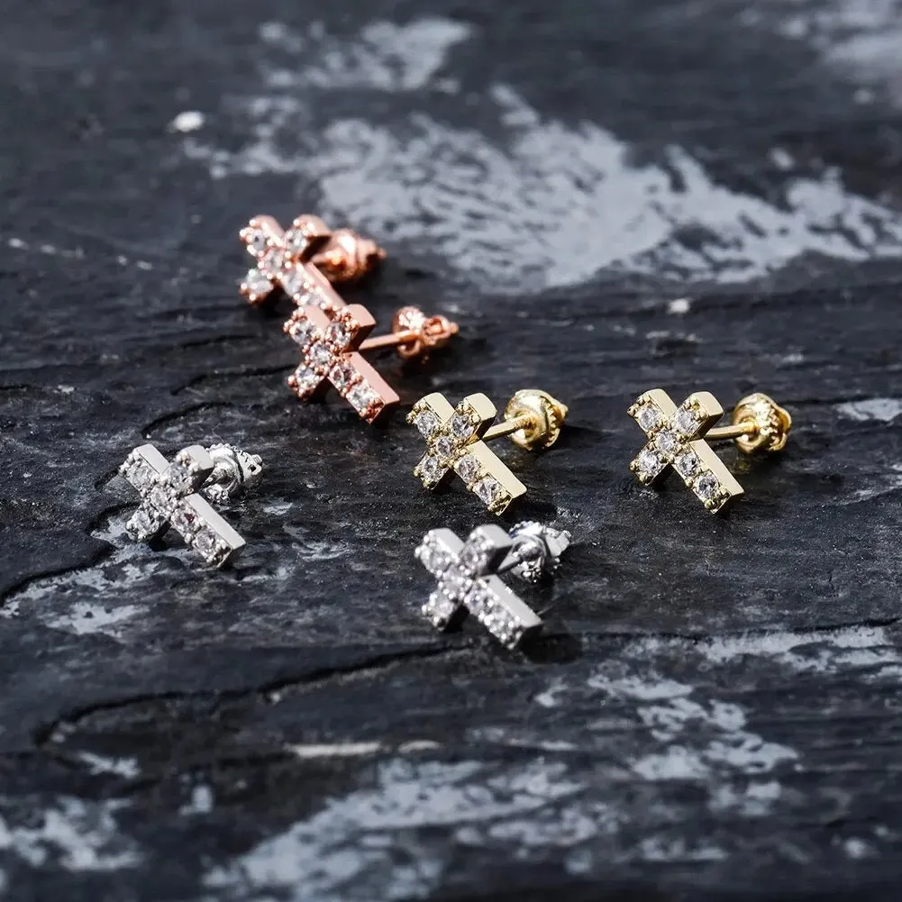 Mini Iced Cross Earrings in 14k White Vermeil