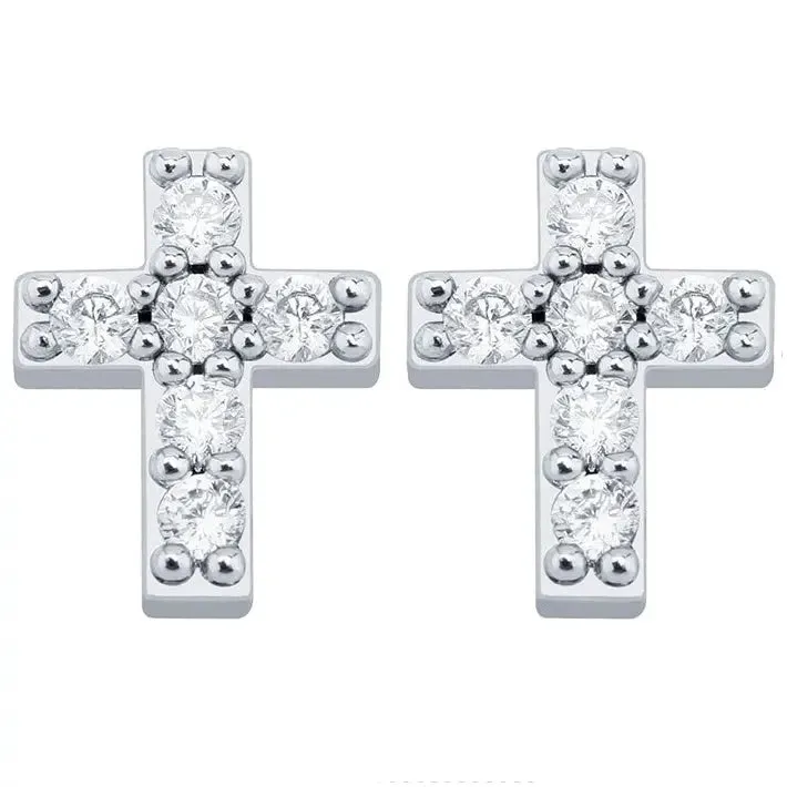 Mini Iced Cross Earrings in 14k White Vermeil