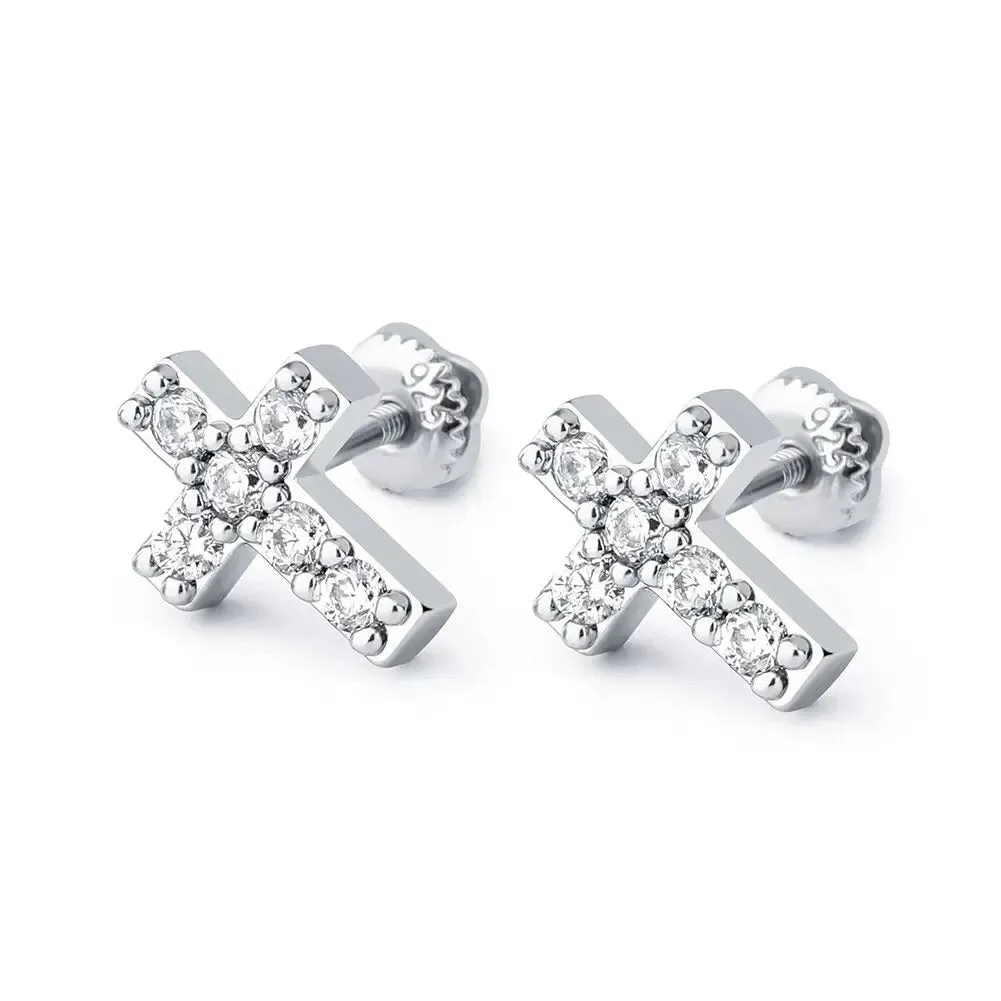 Mini Iced Cross Earrings in 14k White Vermeil