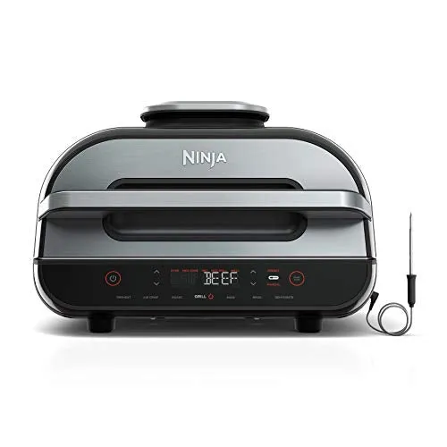 Ninja FG551 Foodi Smart XL 6-in-1 Indoor Grill with 4-Quart Air Fryer Roast Bake Dehydrate Broil and Leave-in Thermometer, with Extra Large Capacity, and a Stainless Steel Finish