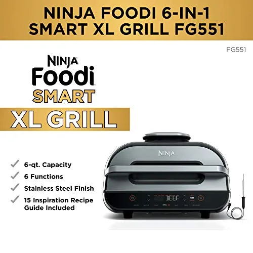 Ninja FG551 Foodi Smart XL 6-in-1 Indoor Grill with 4-Quart Air Fryer Roast Bake Dehydrate Broil and Leave-in Thermometer, with Extra Large Capacity, and a Stainless Steel Finish