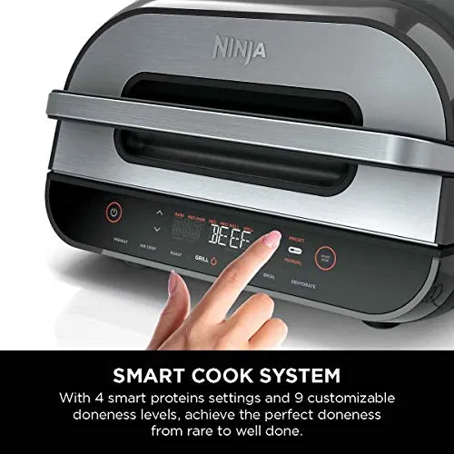 Ninja FG551 Foodi Smart XL 6-in-1 Indoor Grill with 4-Quart Air Fryer Roast Bake Dehydrate Broil and Leave-in Thermometer, with Extra Large Capacity, and a Stainless Steel Finish