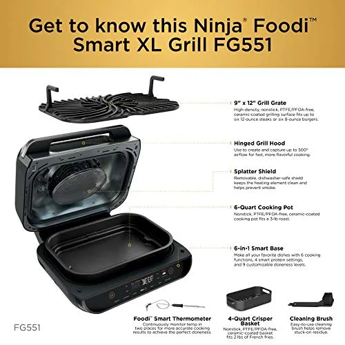 Ninja FG551 Foodi Smart XL 6-in-1 Indoor Grill with 4-Quart Air Fryer Roast Bake Dehydrate Broil and Leave-in Thermometer, with Extra Large Capacity, and a Stainless Steel Finish