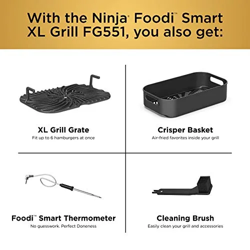 Ninja FG551 Foodi Smart XL 6-in-1 Indoor Grill with 4-Quart Air Fryer Roast Bake Dehydrate Broil and Leave-in Thermometer, with Extra Large Capacity, and a Stainless Steel Finish