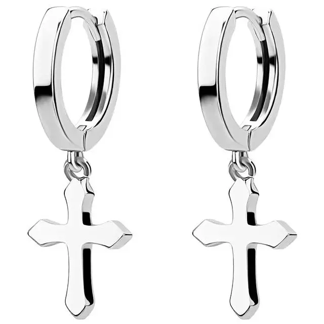 Polished Cross Hoop Earrings in White Gold