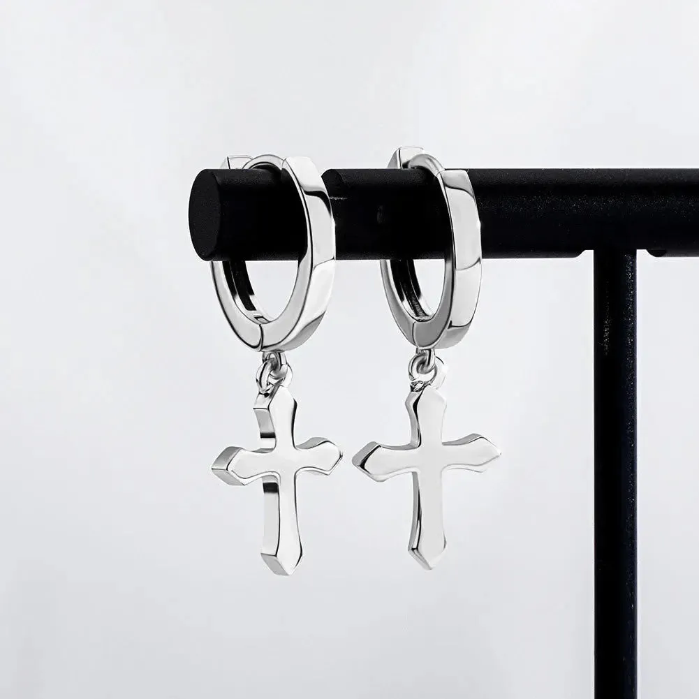 Polished Cross Hoop Earrings in White Gold