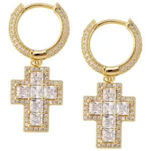 Princess Cut Diamond Cross Earrings in Yellow Gold