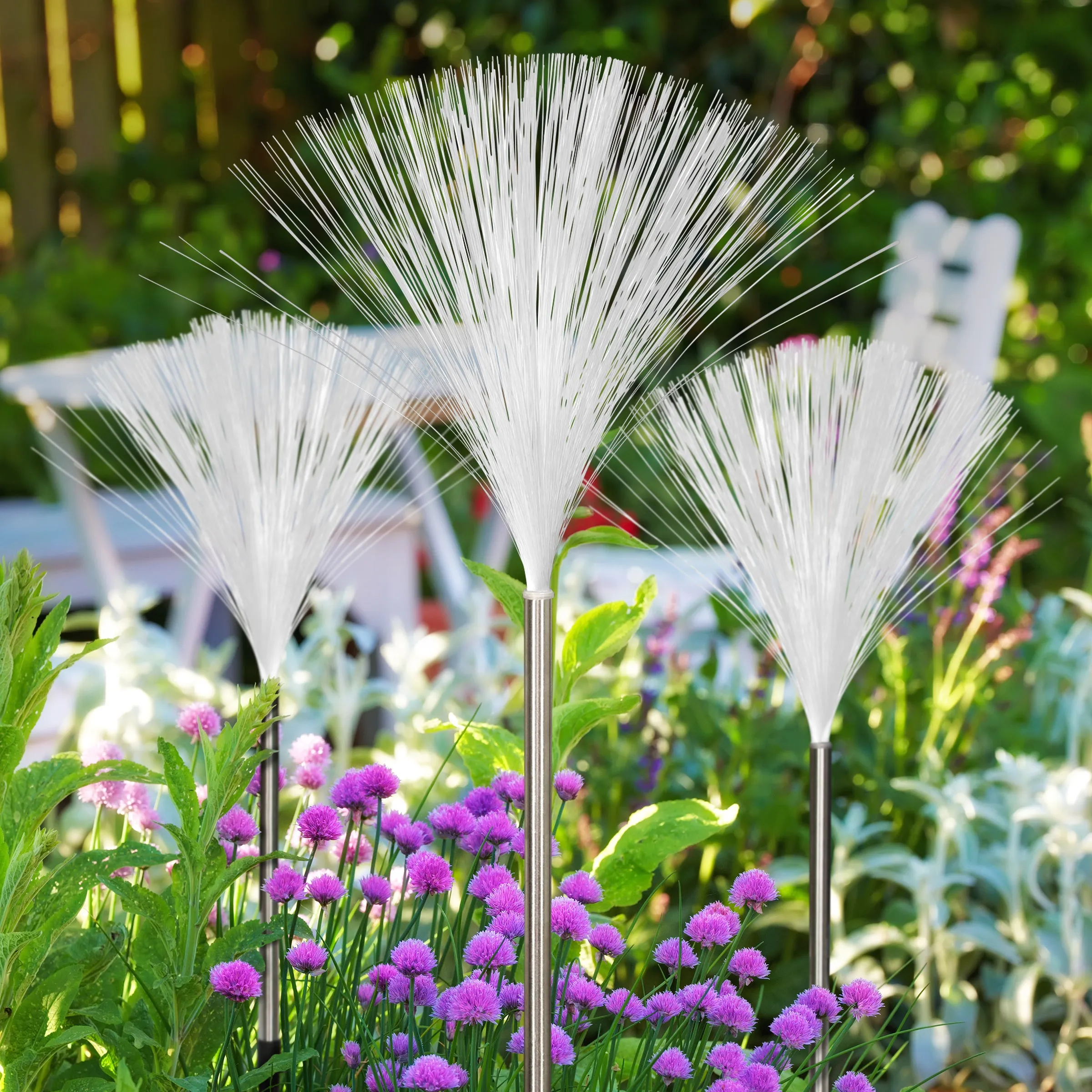 Solar 3 Post Fiber Optic Color-Changing Light Garden Stake, 3 by 21 Inches