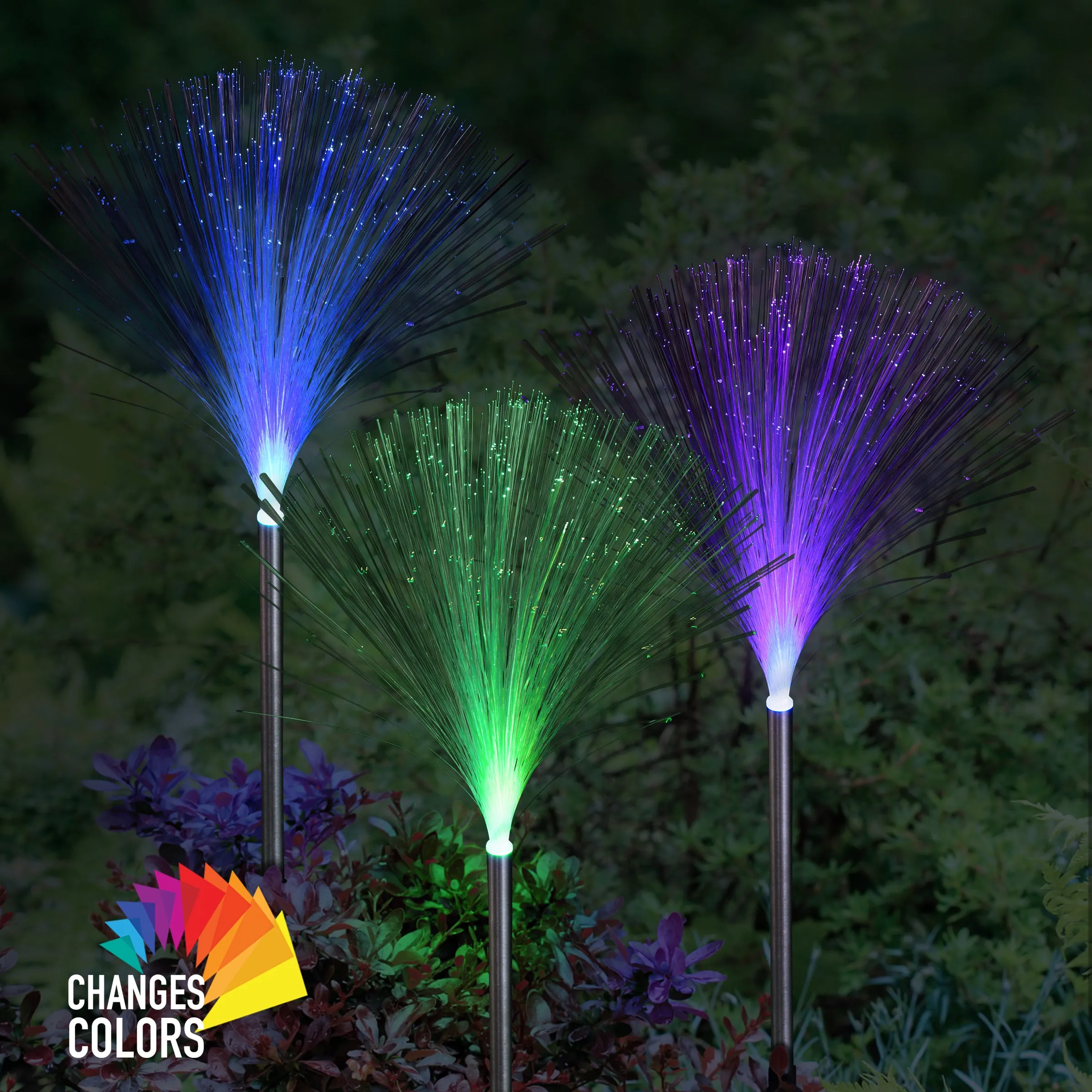 Solar 3 Post Fiber Optic Color-Changing Light Garden Stake, 3 by 21 Inches