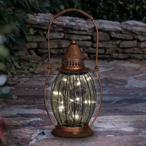 Solar Antique Metal and Clear Glass Accent Lantern with Fifteen LED Fairy Firefly String Lights, 7 by 14 Inches