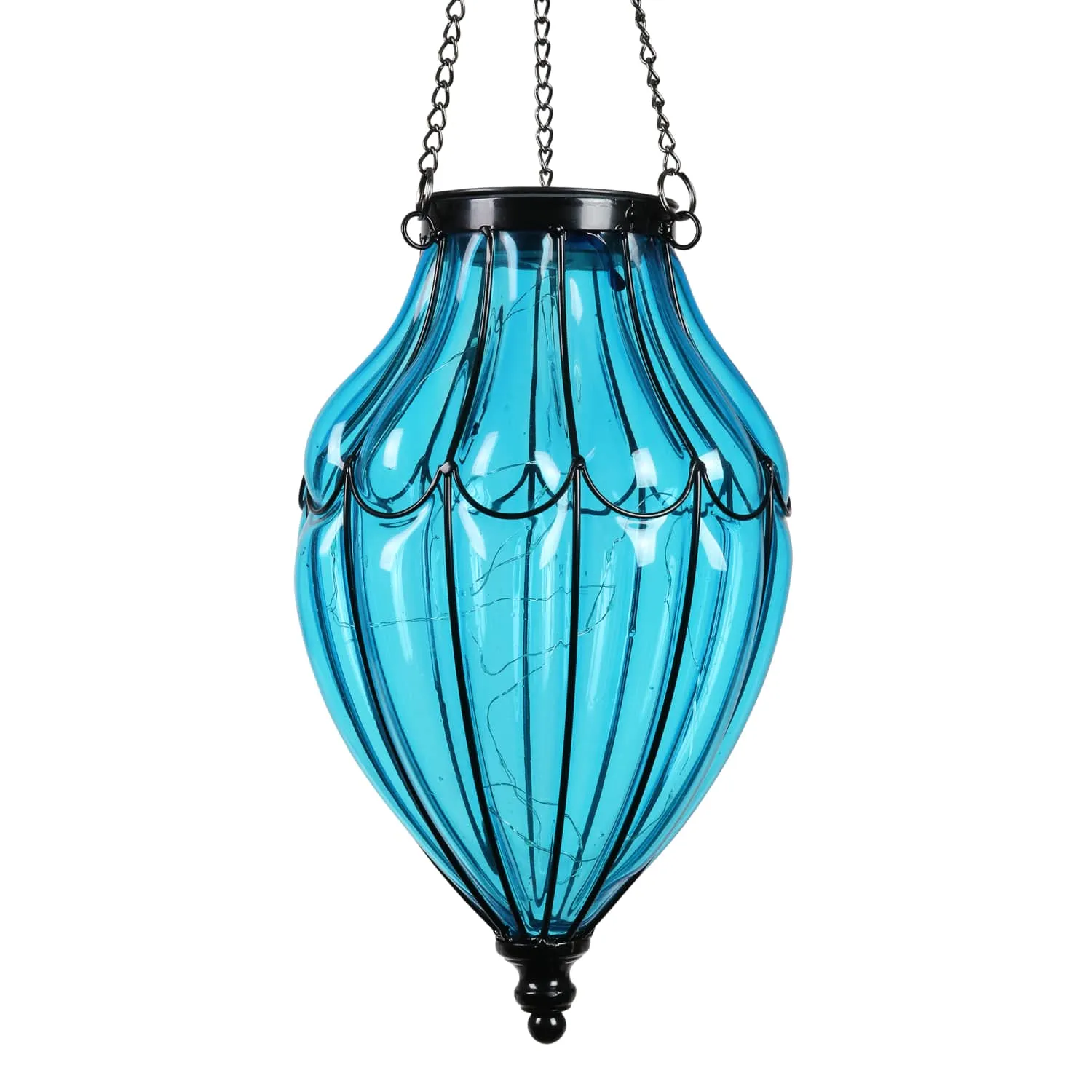 Solar Blue Glass Hanging Lantern with Waving Metal Pattern, 7.5 by 25 Inches