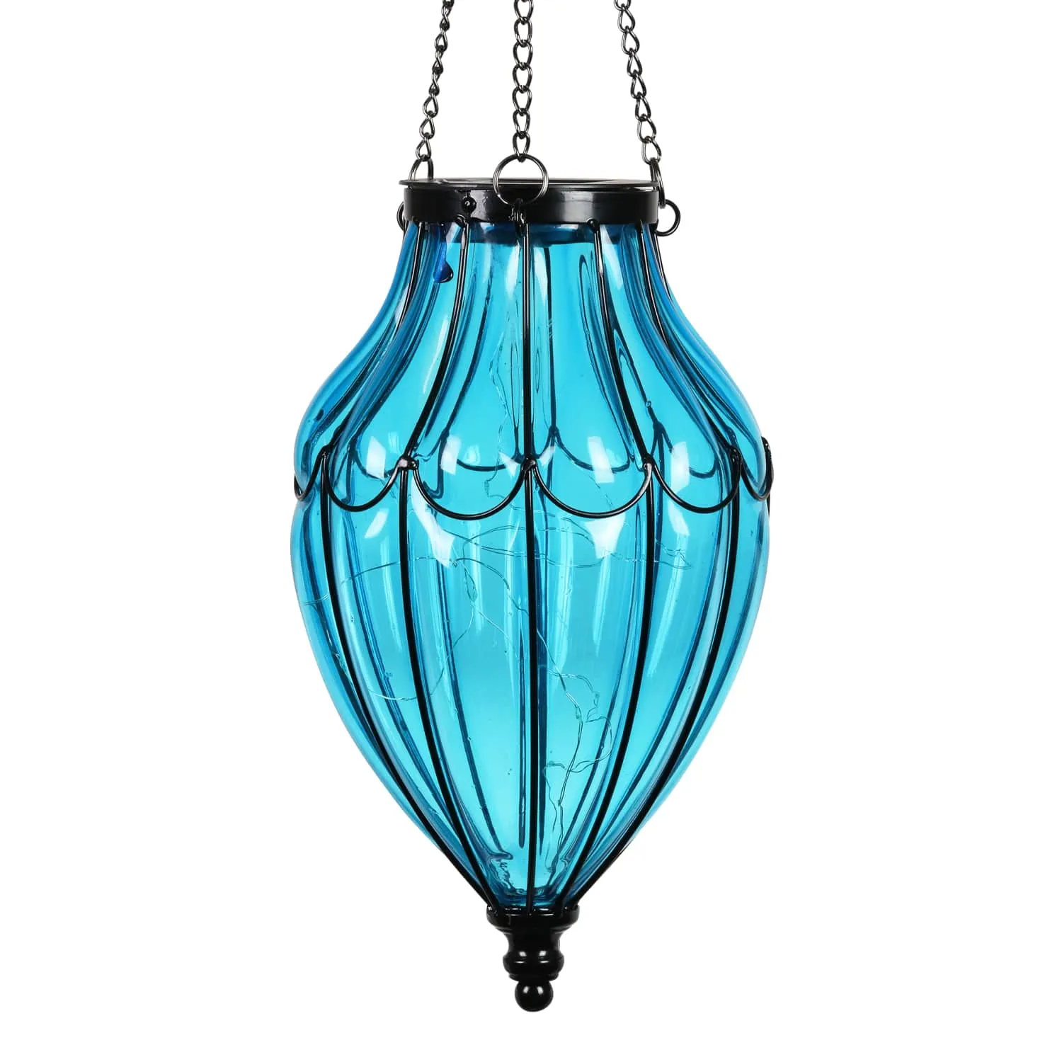 Solar Blue Glass Hanging Lantern with Waving Metal Pattern, 7.5 by 25 Inches