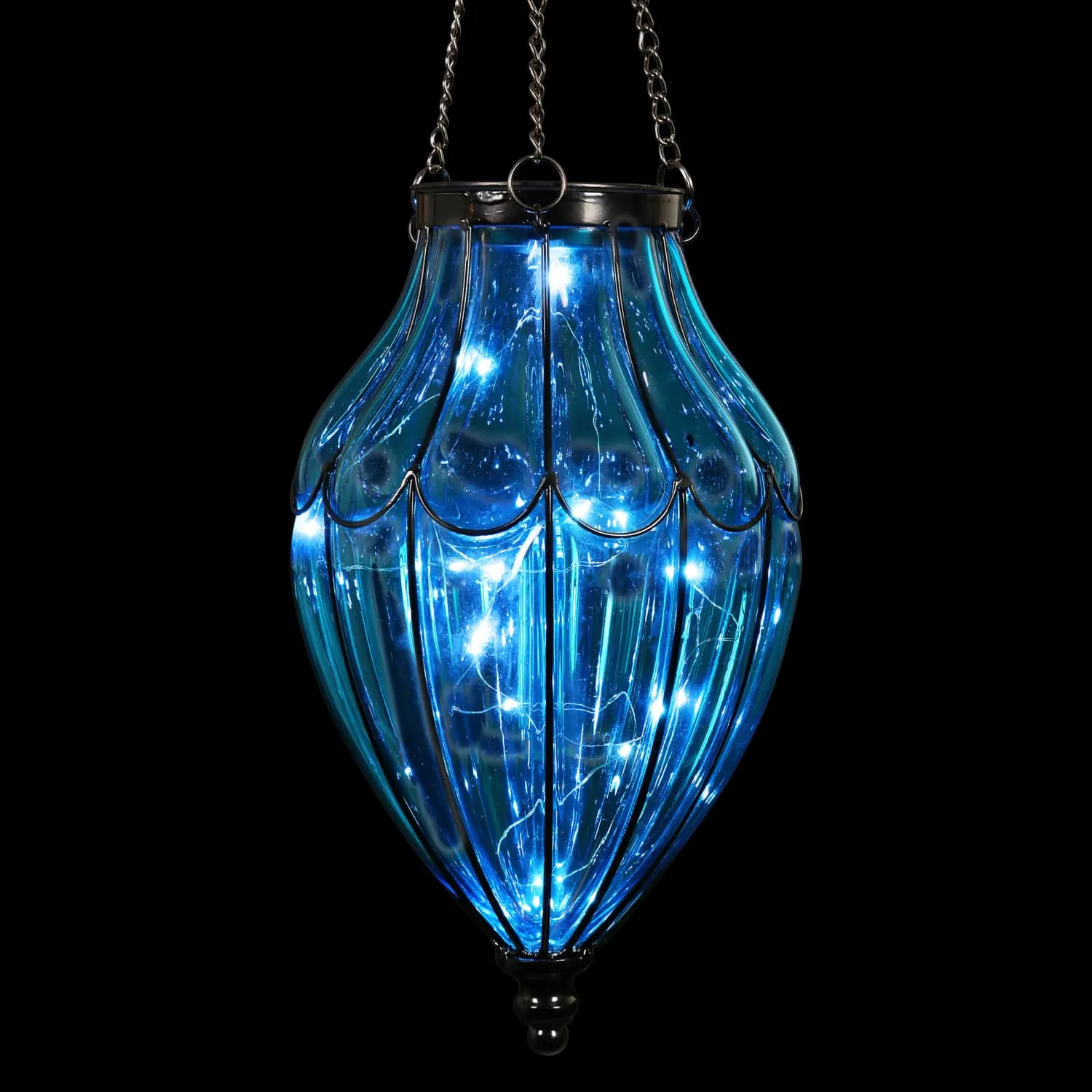 Solar Blue Glass Hanging Lantern with Waving Metal Pattern, 7.5 by 25 Inches