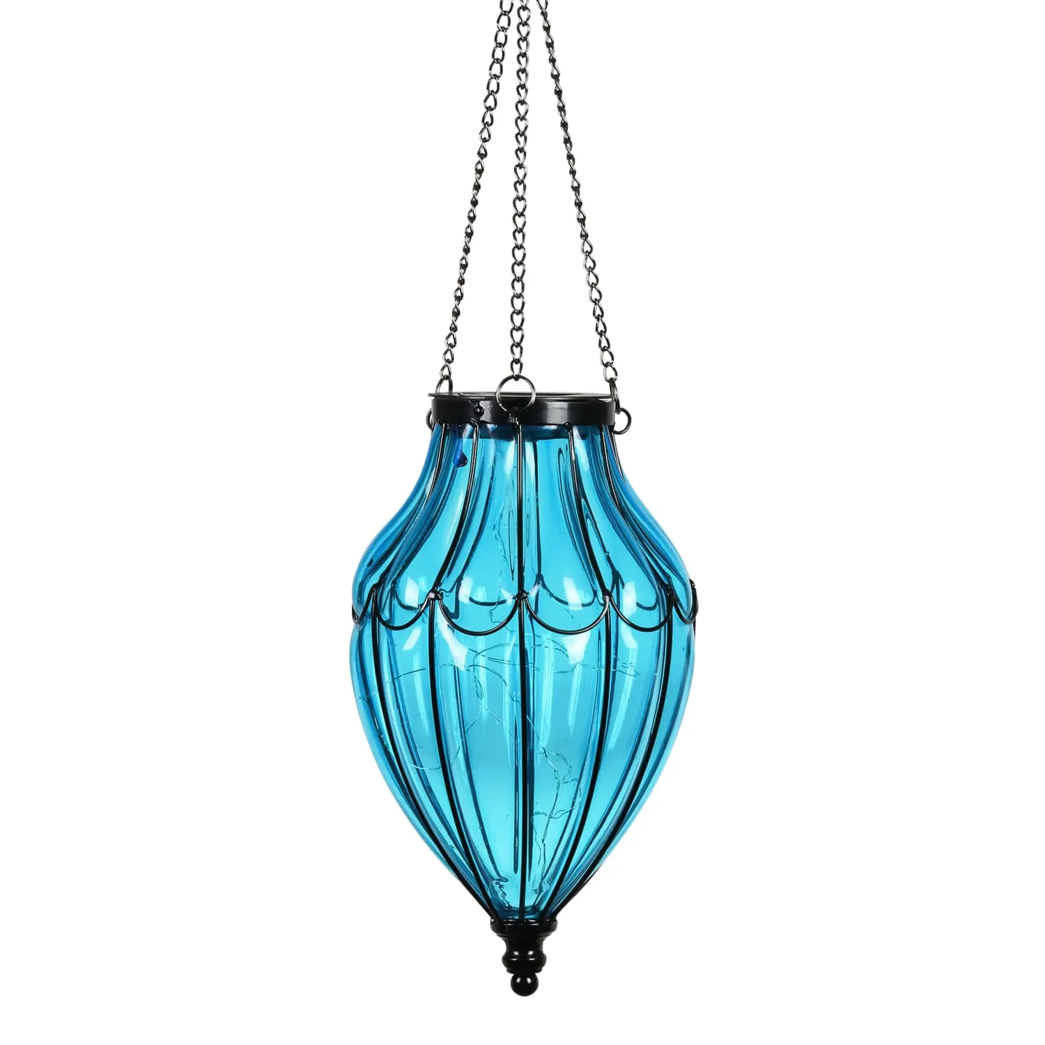 Solar Blue Glass Hanging Lantern with Waving Metal Pattern, 7.5 by 25 Inches