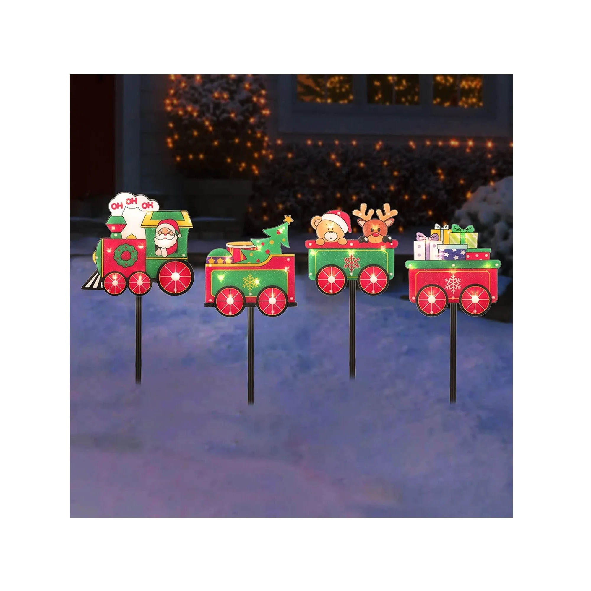 Solar Christmas Pathway Lights Outdoor | 4-Piece Train Set with 8 Lighting Modes Pre-lit LED