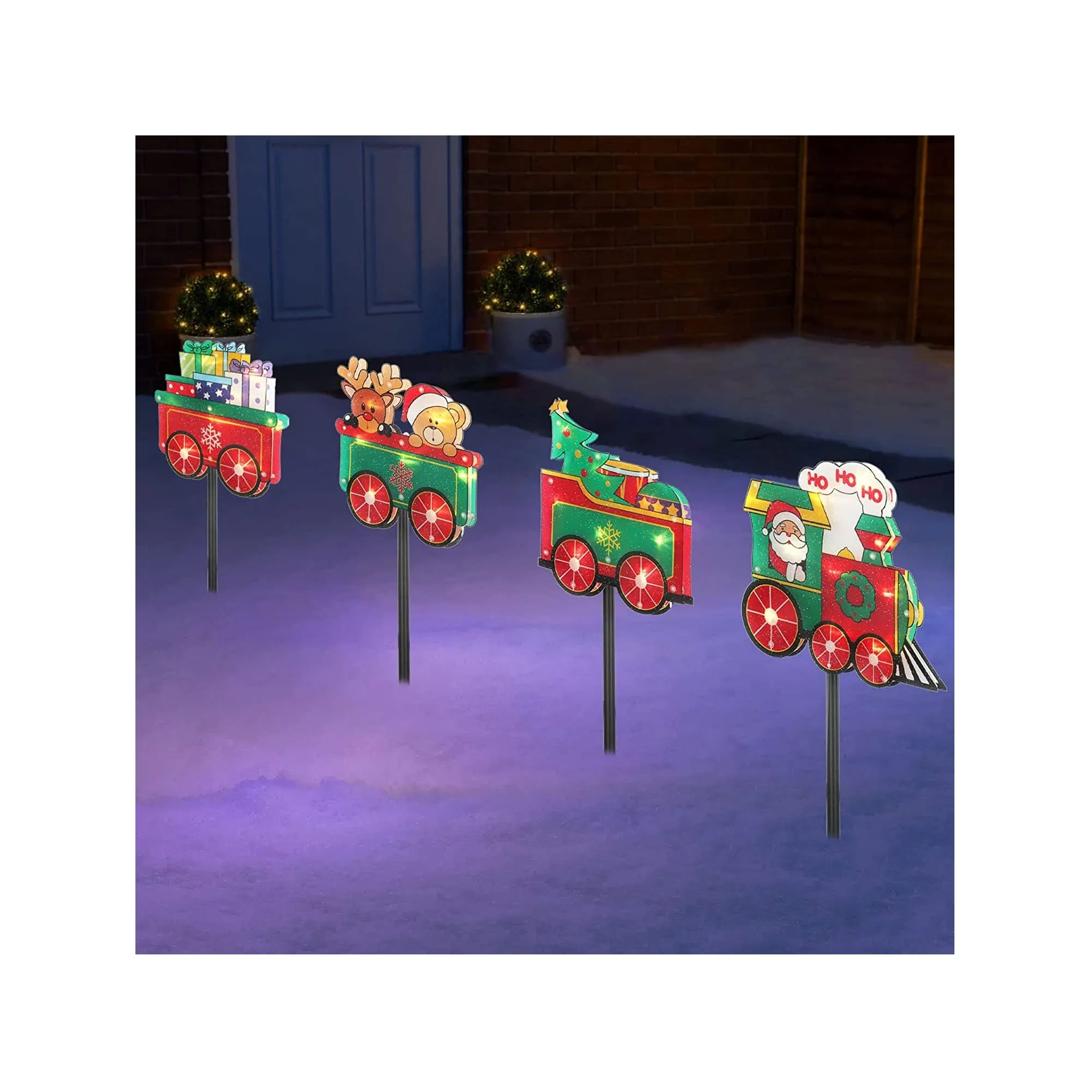 Solar Christmas Pathway Lights Outdoor | 4-Piece Train Set with 8 Lighting Modes Pre-lit LED