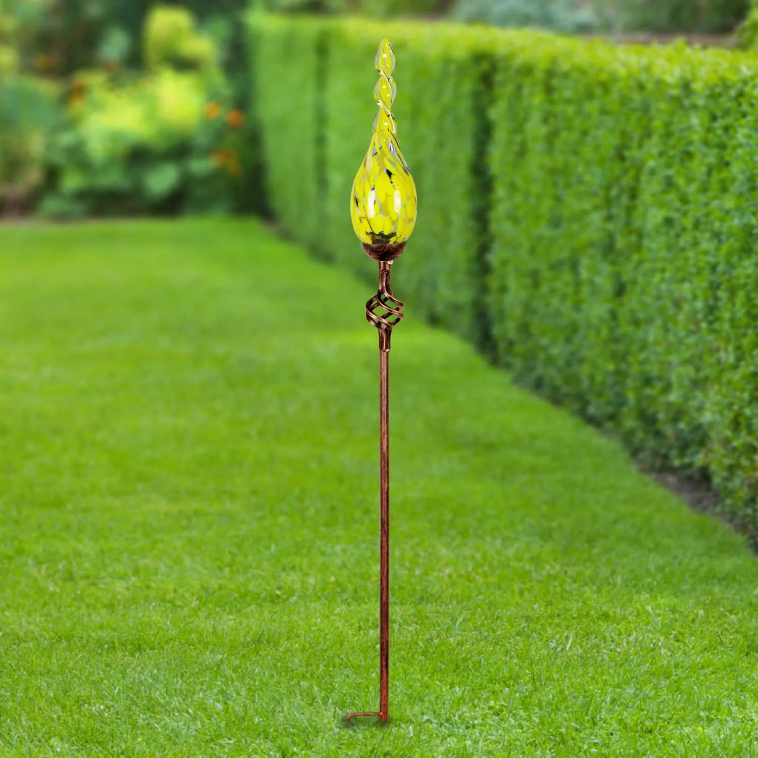 Solar Hand Blown Yellow Glass Twisted Flame Garden Stake with Metal Finial Detail, 36 Inch