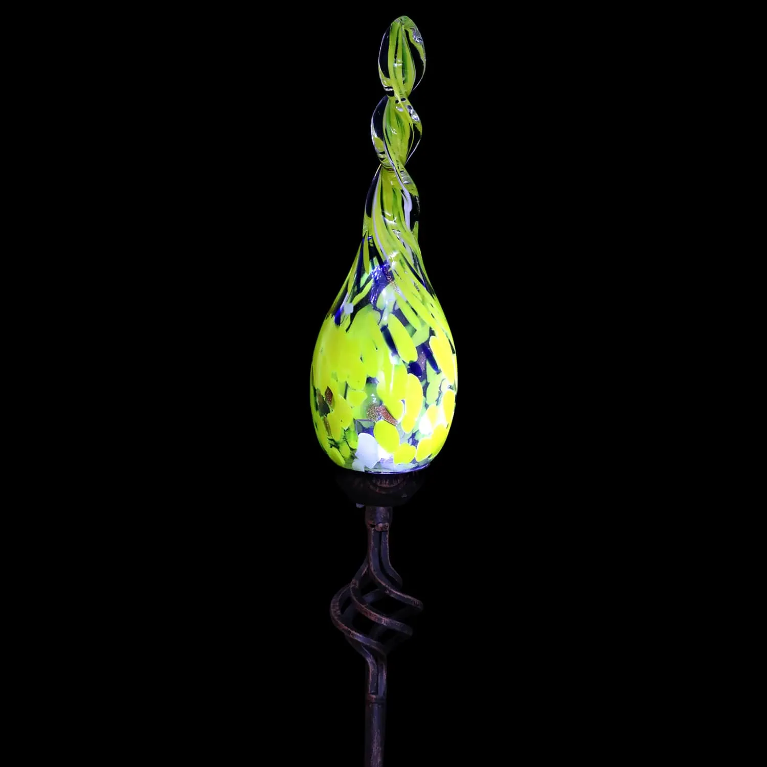 Solar Hand Blown Yellow Glass Twisted Flame Garden Stake with Metal Finial Detail, 36 Inch