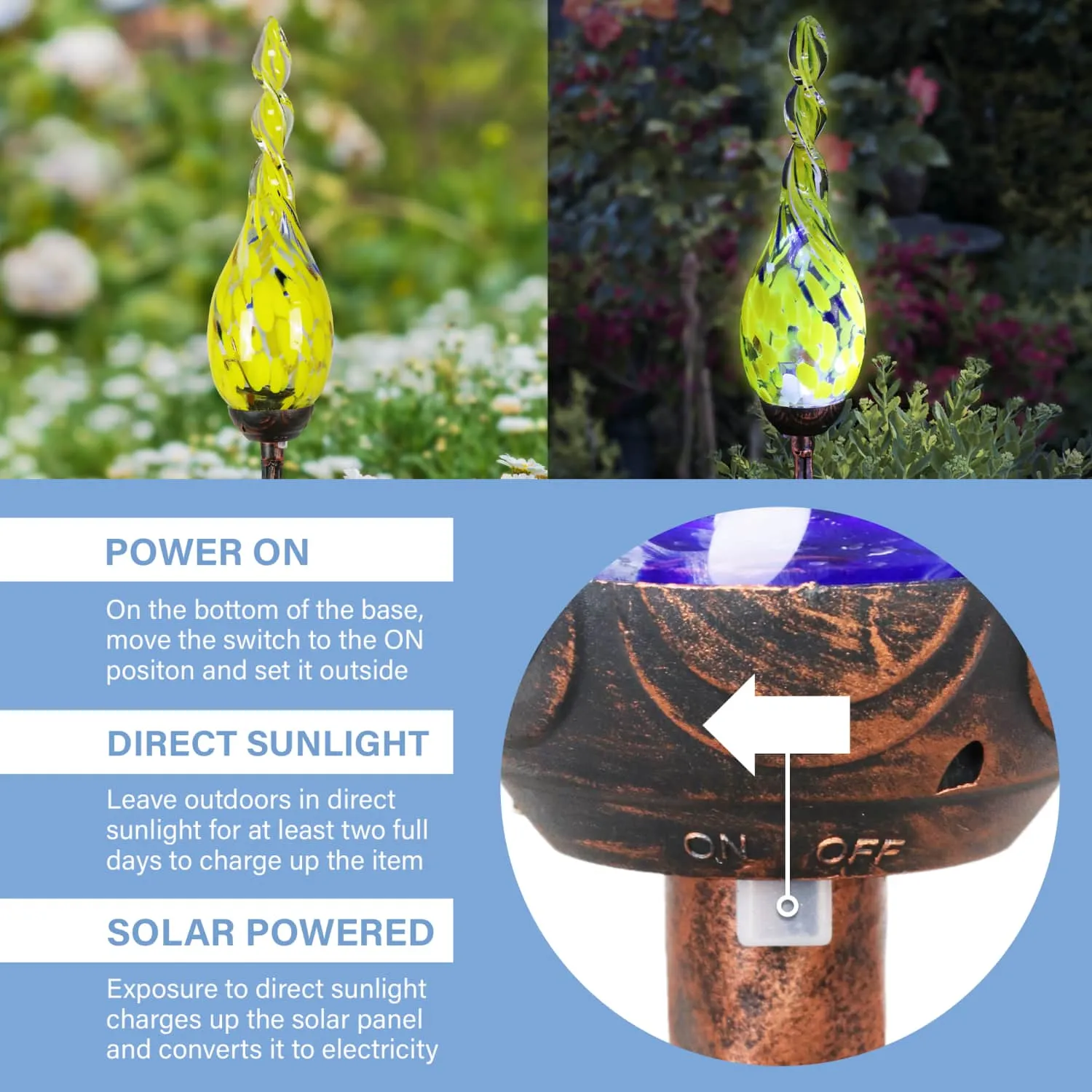 Solar Hand Blown Yellow Glass Twisted Flame Garden Stake with Metal Finial Detail, 36 Inch