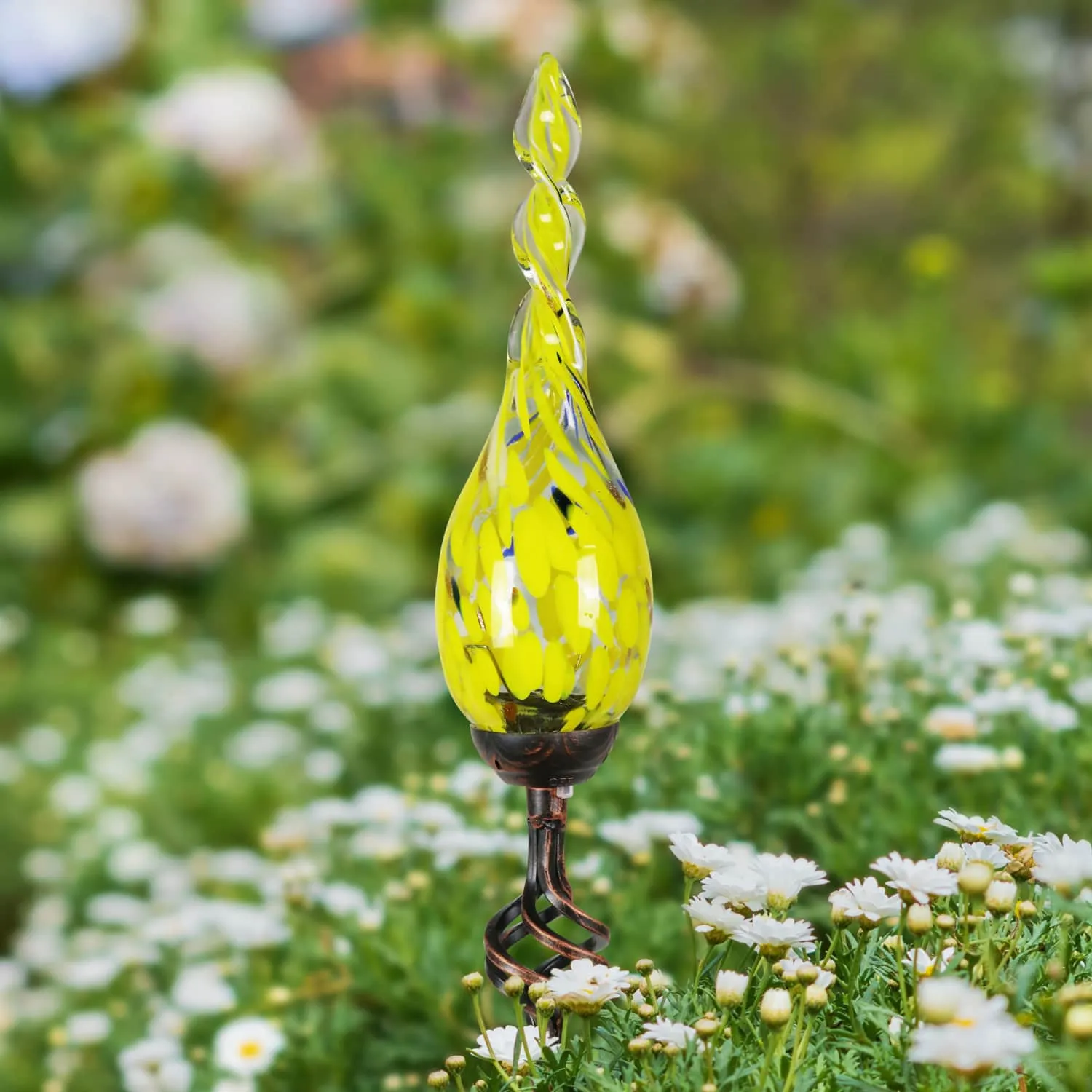 Solar Hand Blown Yellow Glass Twisted Flame Garden Stake with Metal Finial Detail, 36 Inch