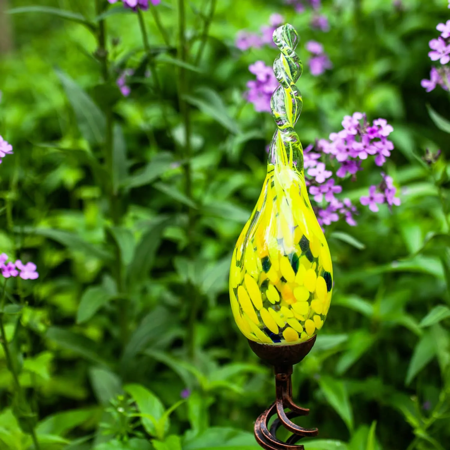 Solar Hand Blown Yellow Glass Twisted Flame Garden Stake with Metal Finial Detail, 36 Inch