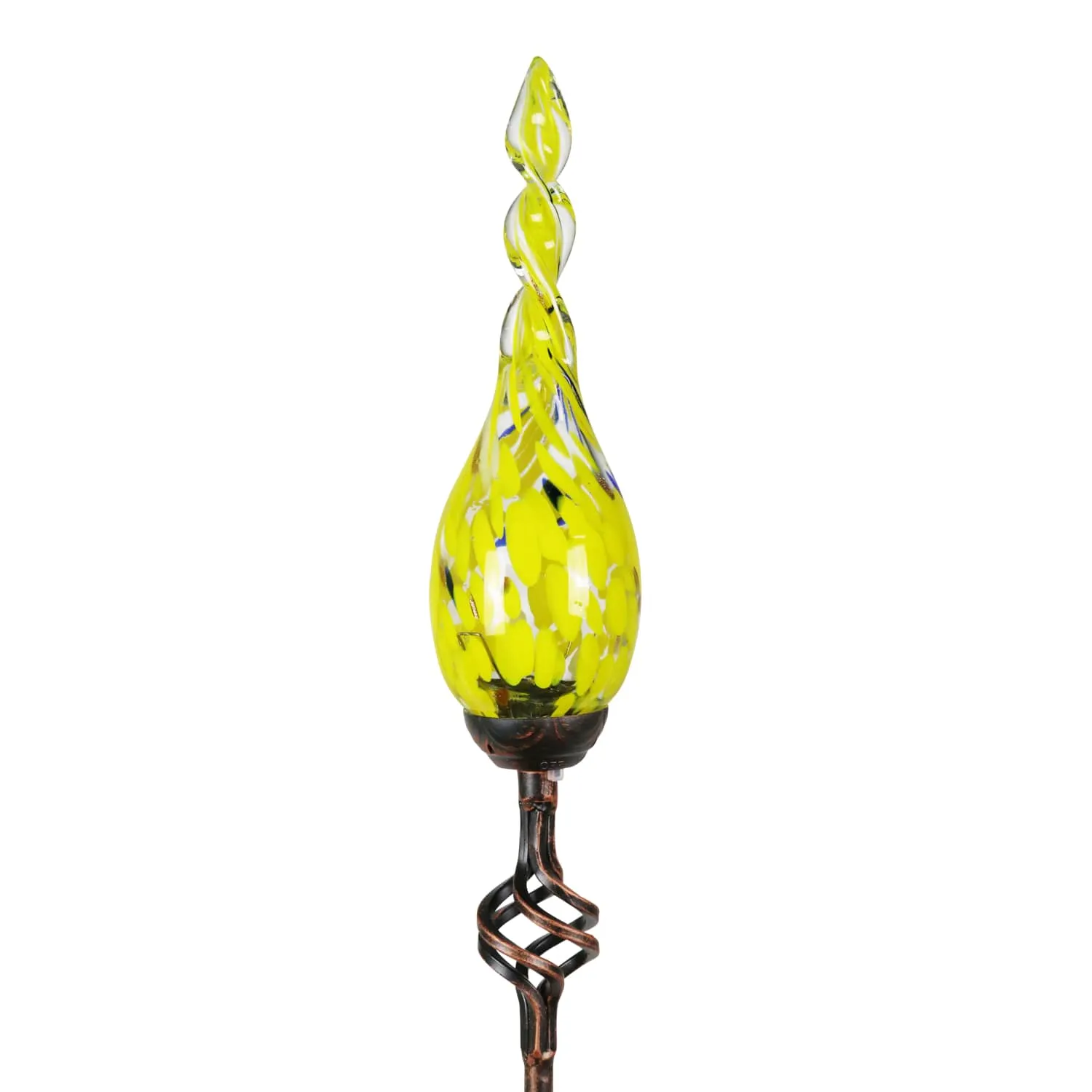 Solar Hand Blown Yellow Glass Twisted Flame Garden Stake with Metal Finial Detail, 36 Inch