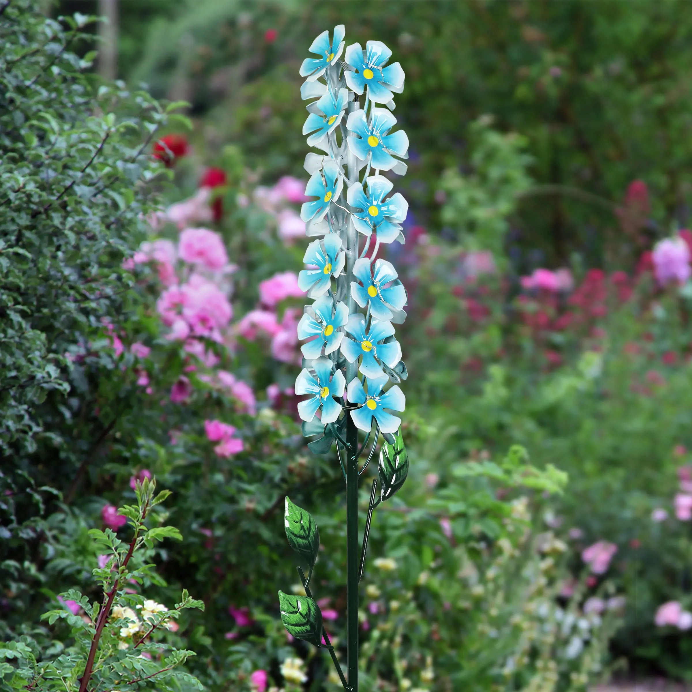 Solar Metal Flower Stalk Garden Stake in Turquoise with Twenty Four LED lights, 5 by 42 Inches