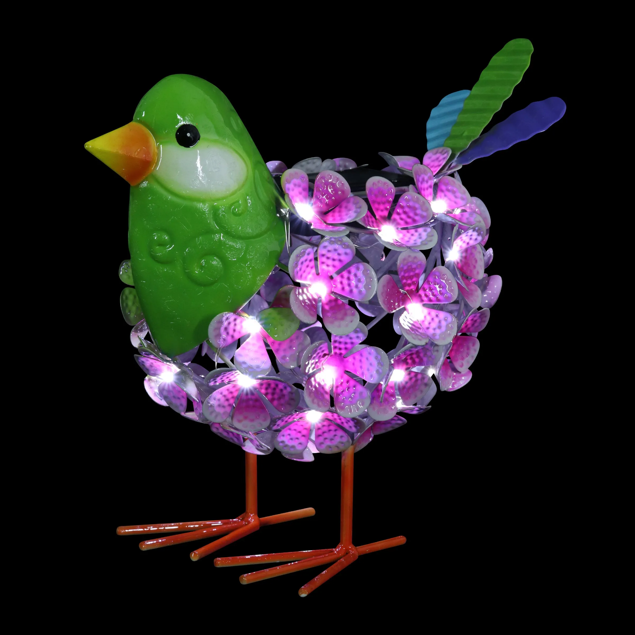 Solar Pink Metal Song Bird with 38 LEDs in a Flower Body Garden Statue, 6 by 7.5 Inches