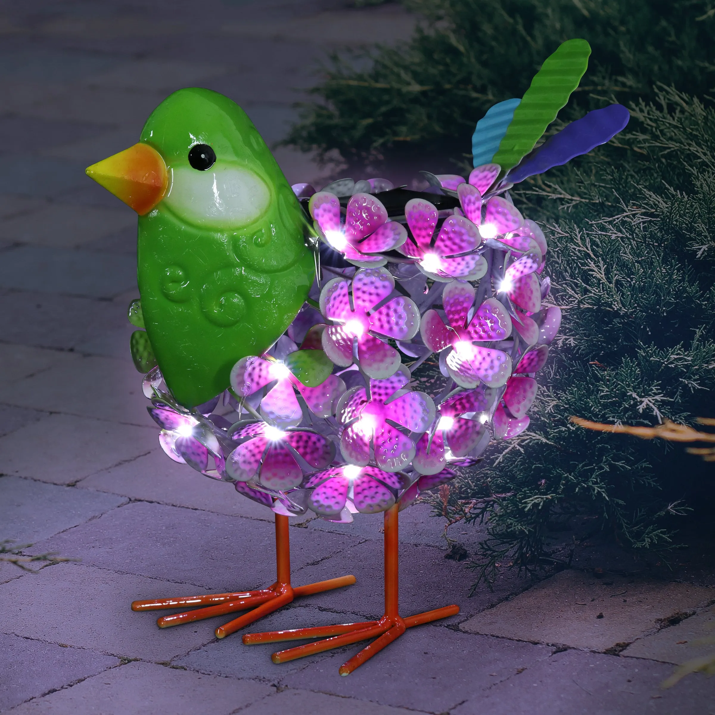 Solar Pink Metal Song Bird with 38 LEDs in a Flower Body Garden Statue, 6 by 7.5 Inches