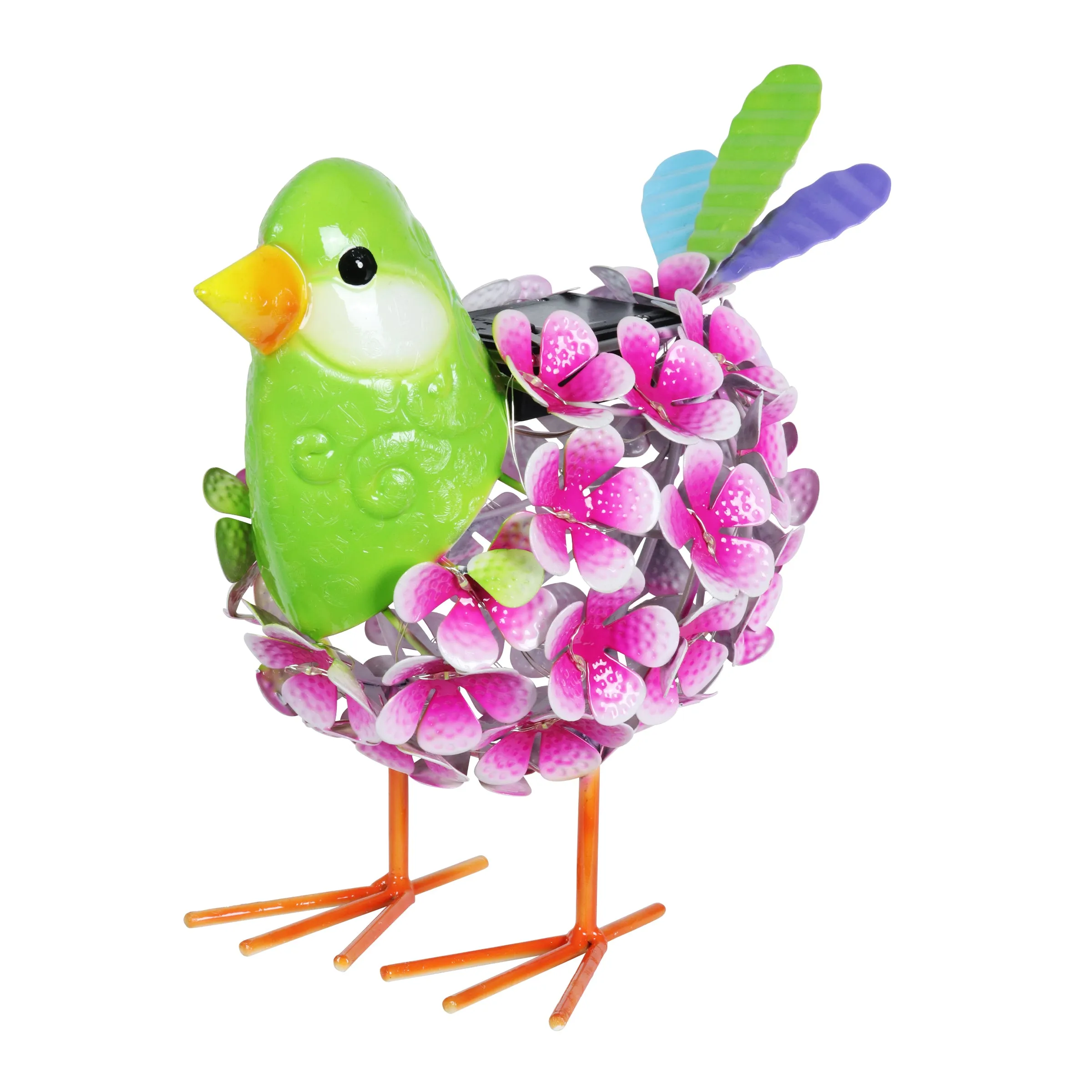 Solar Pink Metal Song Bird with 38 LEDs in a Flower Body Garden Statue, 6 by 7.5 Inches