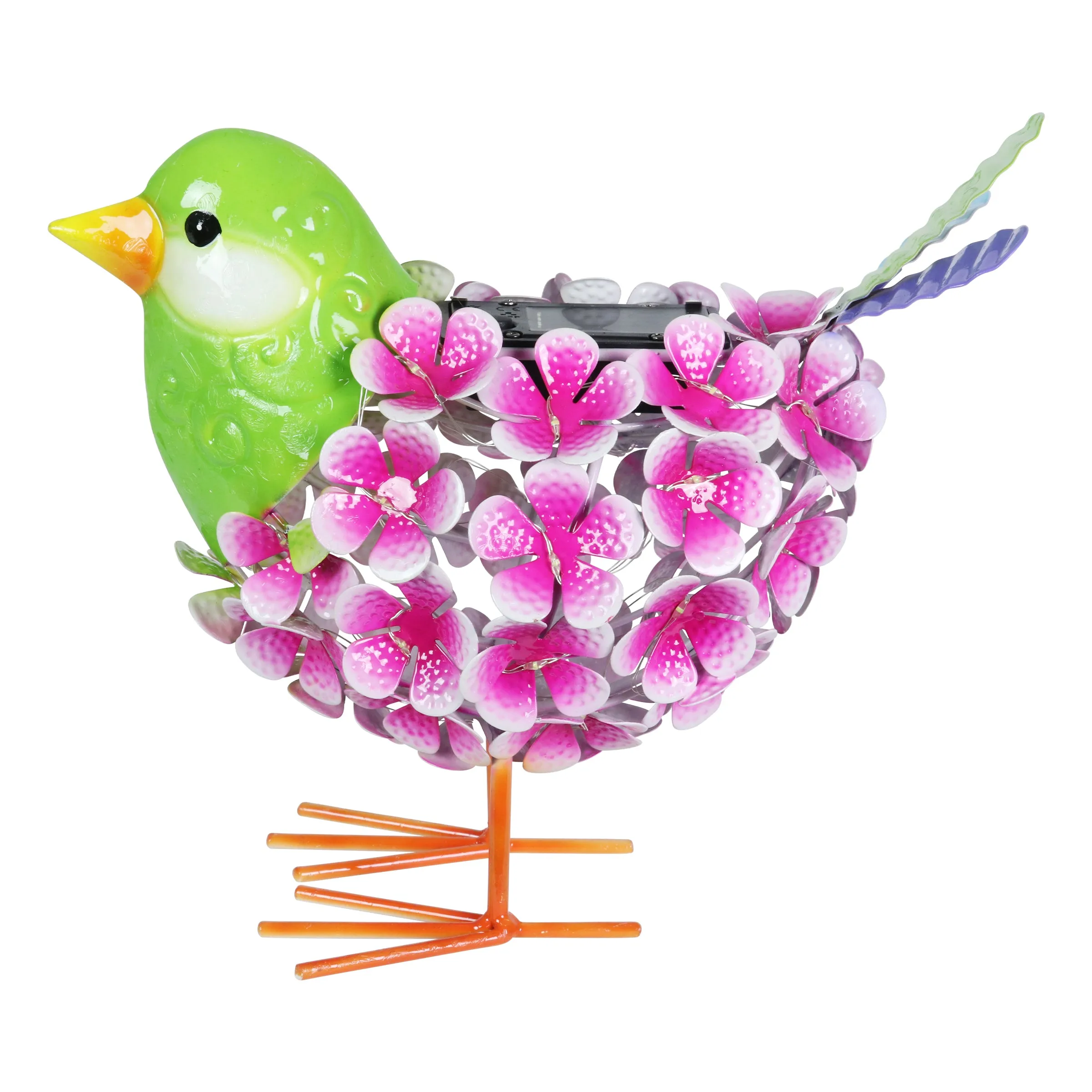 Solar Pink Metal Song Bird with 38 LEDs in a Flower Body Garden Statue, 6 by 7.5 Inches