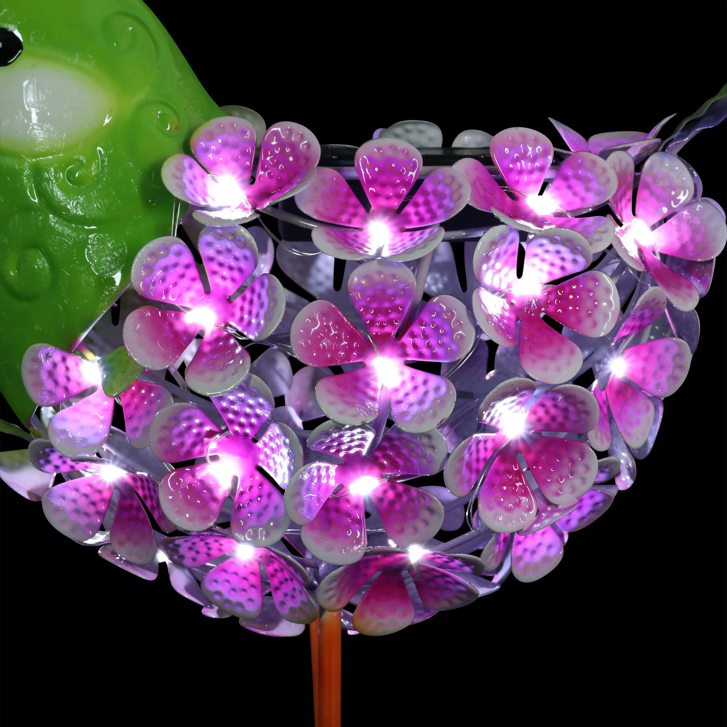 Solar Pink Metal Song Bird with 38 LEDs in a Flower Body Garden Statue, 6 by 7.5 Inches