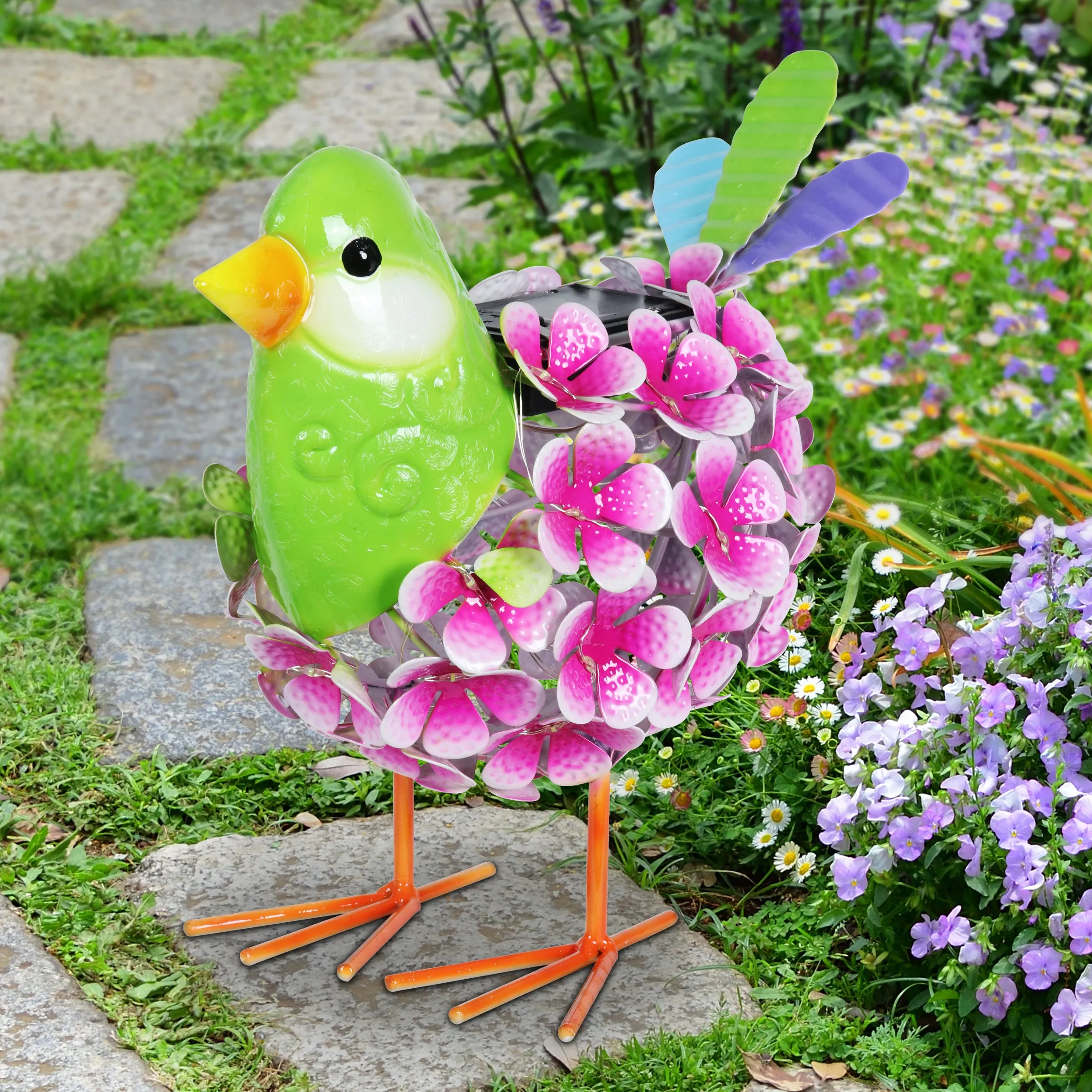 Solar Pink Metal Song Bird with 38 LEDs in a Flower Body Garden Statue, 6 by 7.5 Inches