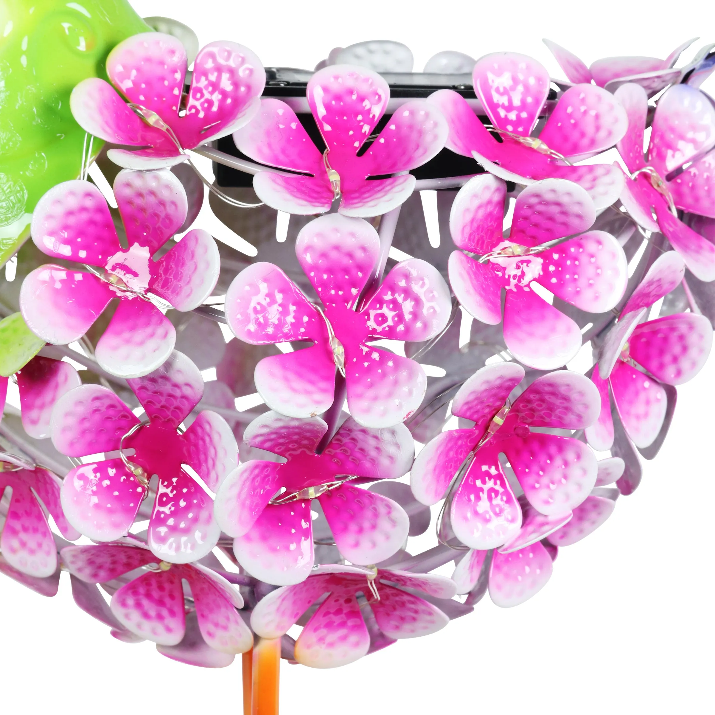 Solar Pink Metal Song Bird with 38 LEDs in a Flower Body Garden Statue, 6 by 7.5 Inches