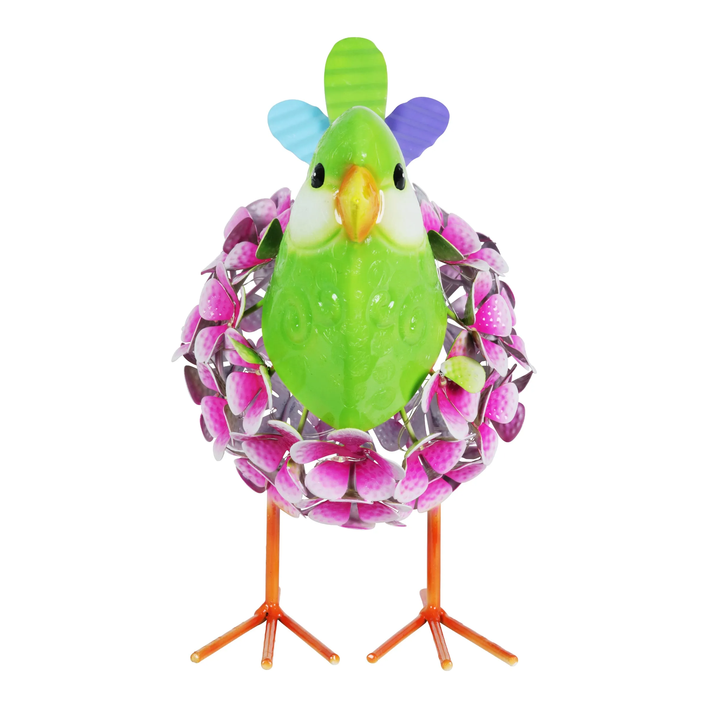 Solar Pink Metal Song Bird with 38 LEDs in a Flower Body Garden Statue, 6 by 7.5 Inches