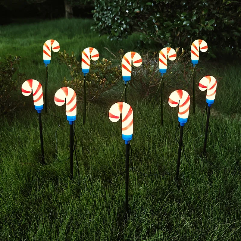 Solar-Powered Candy Cane Christmas Lights – Outdoor Garden and Yard Decor LED Stake Lights, 1-to-10 Christmas Ground Stake Set