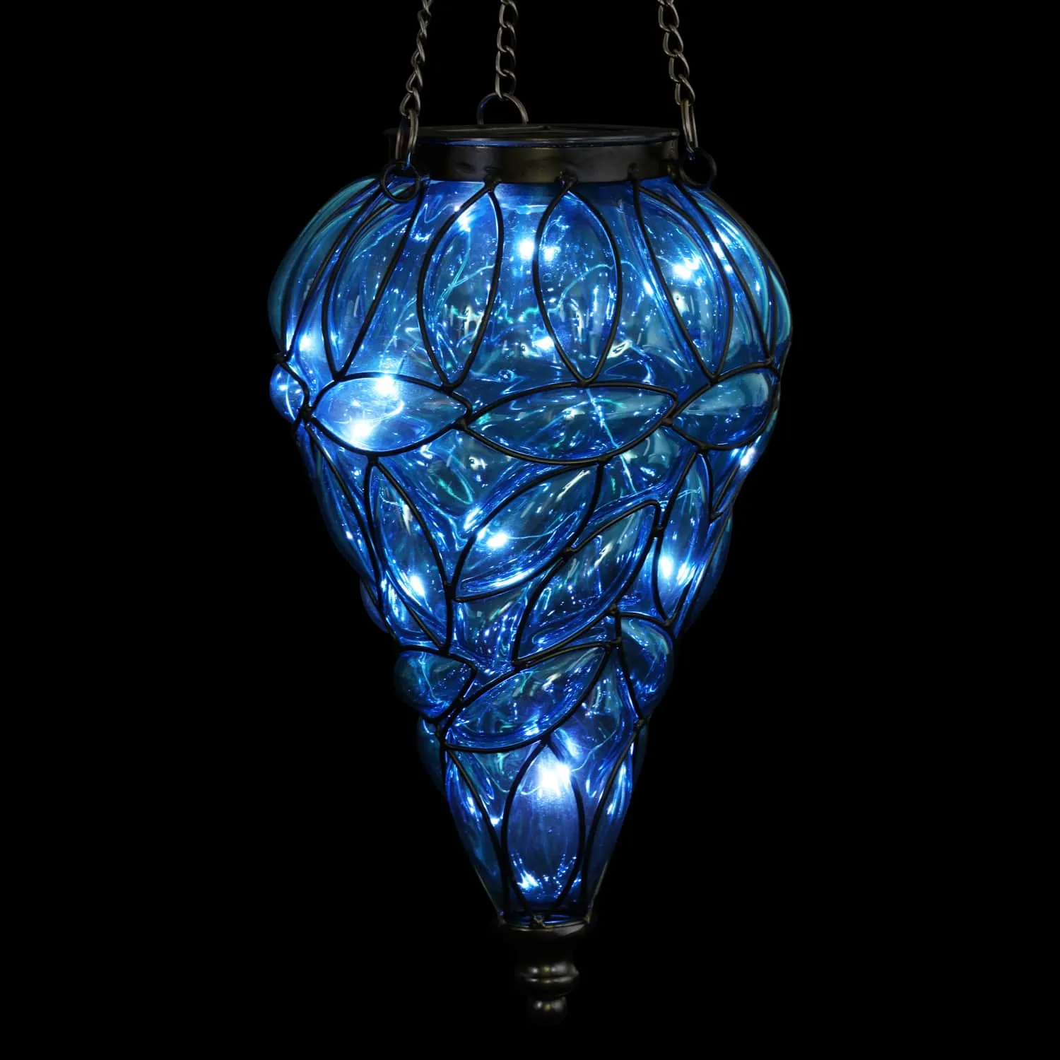 Solar Tear Shaped Glass and Metal Hanging Lantern in Blue with 15 Cool White LED Firefly String Lights, 7 by 24 Inches